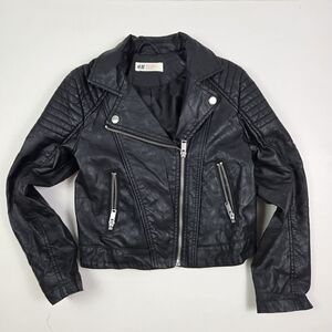 H&M Kids Black Faux Leather Moto Jacket 8-9Y - Small Flaw